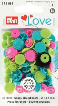 Prym Color Snaps Blumen Grün/Türkis/Rosa 21St. Ø13,6 mm 393081